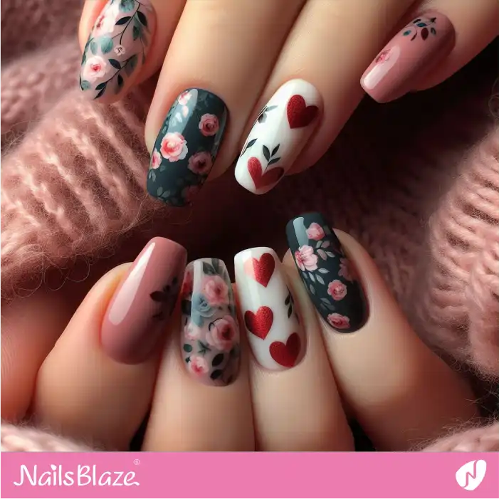 Valentine Nail Design with Pink Roses and Red Hearts | Valentine Nails - NB2432